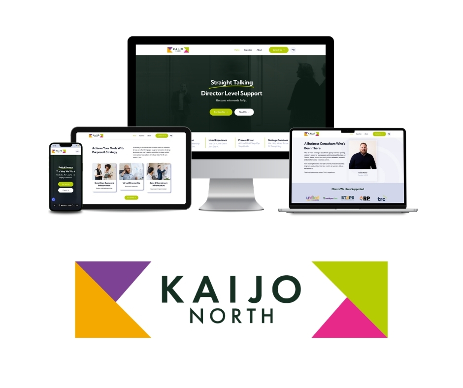 Kaijo North consultant website design shown on desktop, laptop, tablet and phone with the new logo