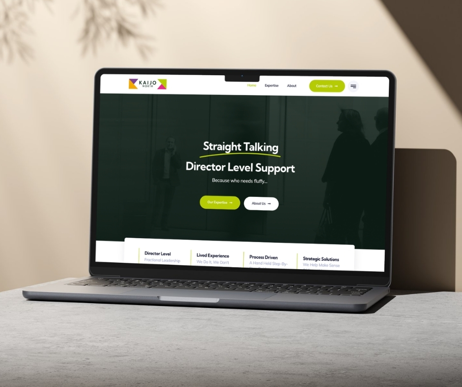 Kaijo North homepage on a laptop reading Straight Talking, Director Level Support