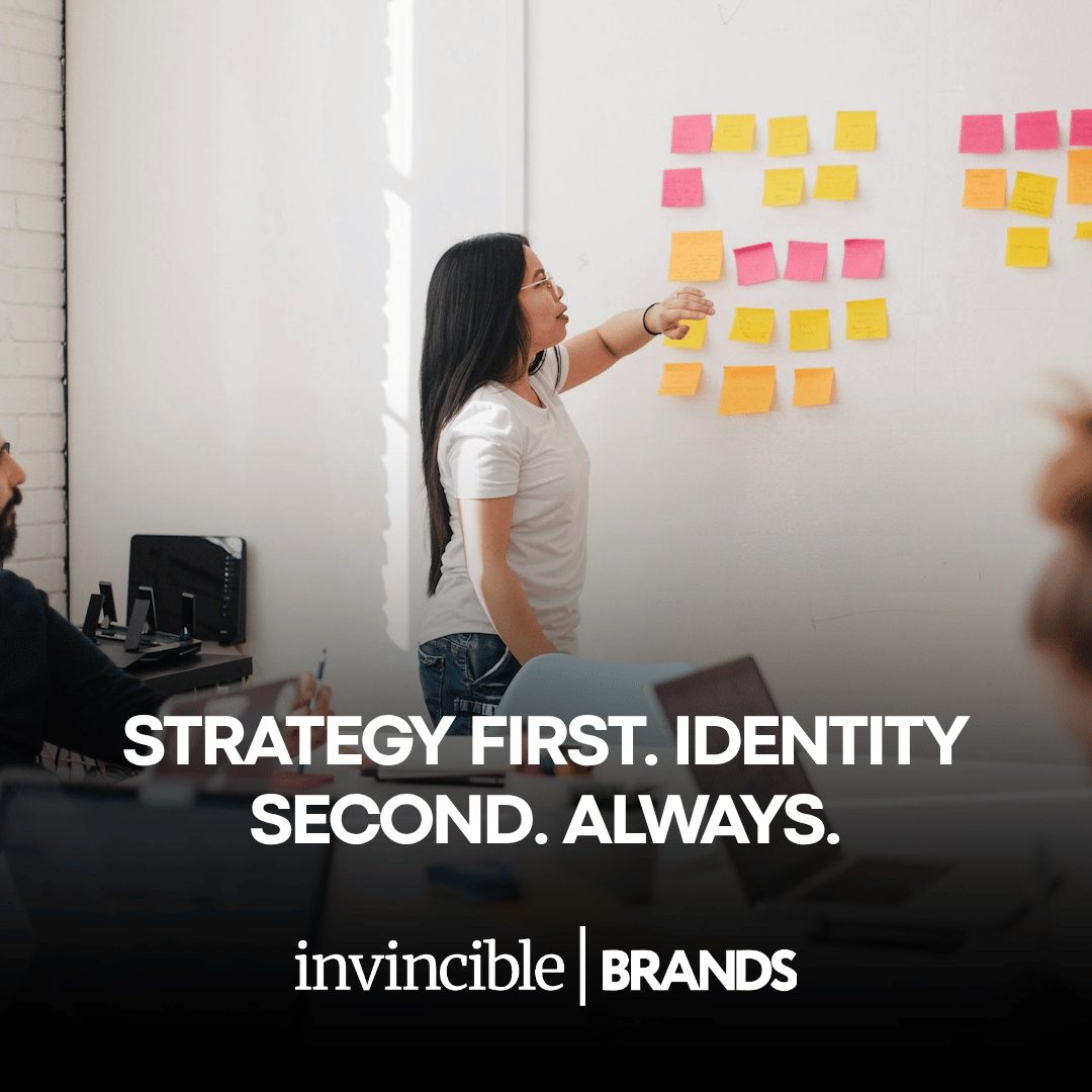 LinkedIn post graphic: Brand Strategy vs Brand Identity