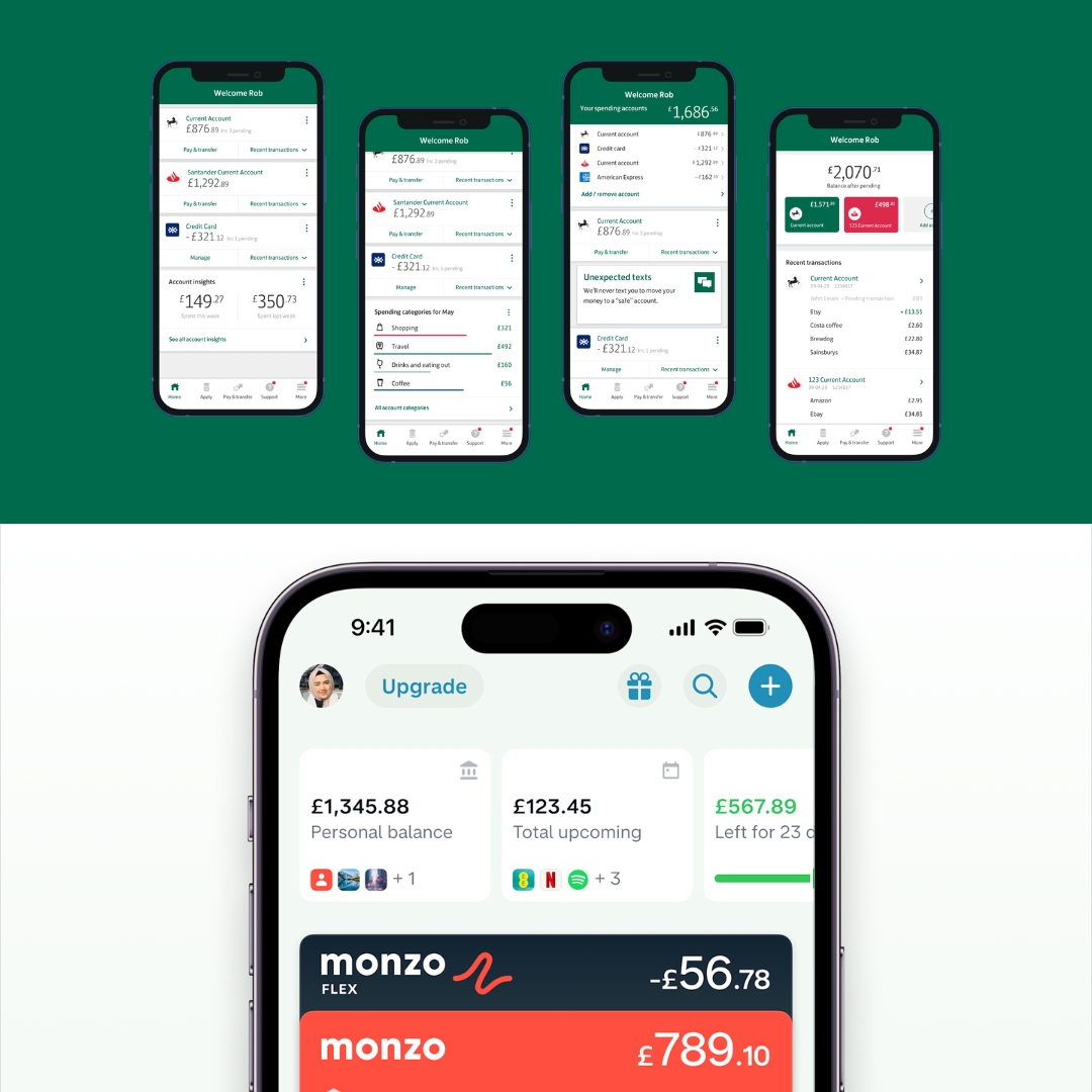 A clean challenger-bank app screen beside a cluttered legacy-bank homepage, illustrating clarity.