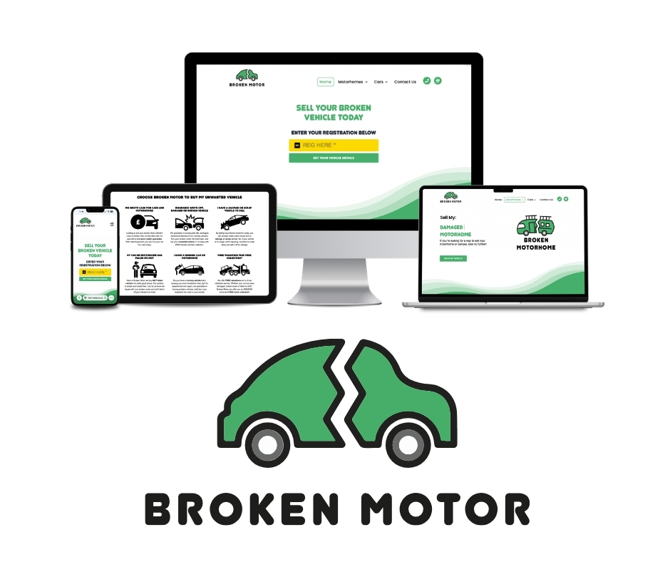 Broken Motor car-buying website shown across desktop, laptop, tablet and mobile with the Broken Motor logo
